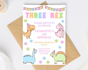 Pastell Dinosaurier Geburtstagseinladung Drei Rex Einladung Mädchen Dinosaurier Party 3 Rex Geburtstag 3. Geburtstag Dinosaurier Geburtstagskind Dino DIN1