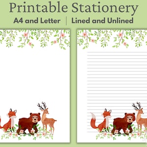 Woodland schrijfpapier, bosdieren schrijfpapier afdrukbaar briefpapier, vos, beer, hert, blanco uitnodigingen, dagboekpapier, cottage core