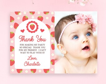 Berry First Birthday Thank You Card Strawberry Birthday Berry 1St Birthday Editable Thank You Notes First Birthday Girl Photo Thank STRAW2