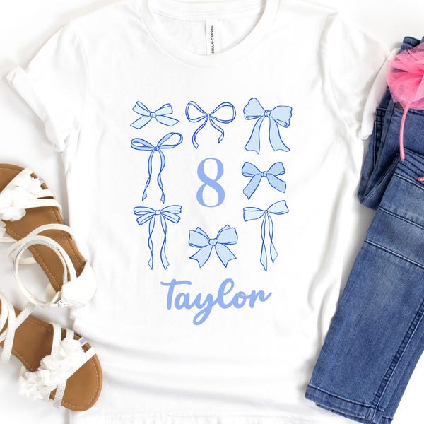 Blue Bow Birthday Shirt Girls Personalized Shirt Coquette Birthday T-Shirt Girl Birthday Party TShirt Blue Bow Party Outfit Girl Birthday
