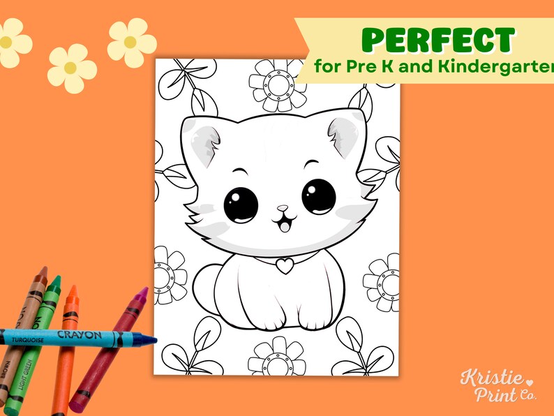 May include: A black and white coloring page featuring a cute cartoon cat with big eyes and a heart-shaped collar. The cat is surrounded by flowers and leaves.