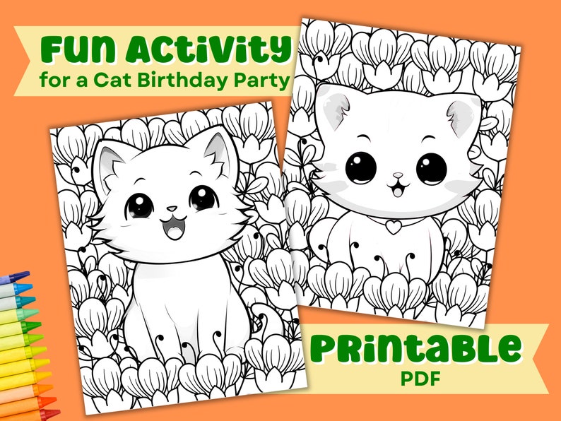May include: A printable coloring page featuring a cute cartoon cat with big eyes and a happy expression. The cat is surrounded by flowers and the text "FUN ACTIVITY for a Cat Birthday Party" is at the top of the page. The text "Printable PDF" is at the bottom of the page.
