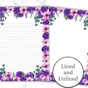 Lila Blumen Briefpapier, süßes Briefpapier, Bordüren Briefpapier Set, Cottage Core Briefpapier, Briefpapier druckbar, gefüttert, unliniert