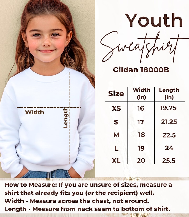 Peut inclure: Un sweat-shirt blanc pour jeunes avec un tableau des tailles et des instructions de mesure. Le sweat-shirt est pr&eacute;sent&eacute; sur une jeune personne. Le tableau des tailles indique les mesures en cm.