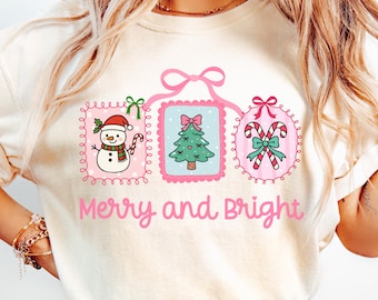 Cute Christmas Shirt Women Christmas T Shirt Comfort Colors Christmas Shirt Coquette Christmas Shirt Preppy Christmas Shirt Merry and Bright