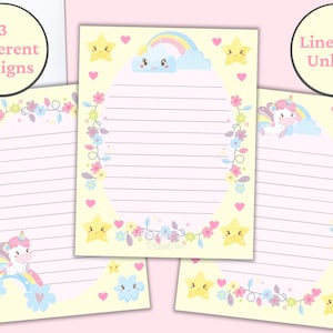 Papelería para niñas, Papelería forrada para niños, Líneas primarias, Papelería de unicornio imprimible, Papel de carta Kawaii imprimible, Amigo por correspondencia