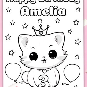 Editable Cat Birthday Coloring Page Printable Birthday Activity Custom ...