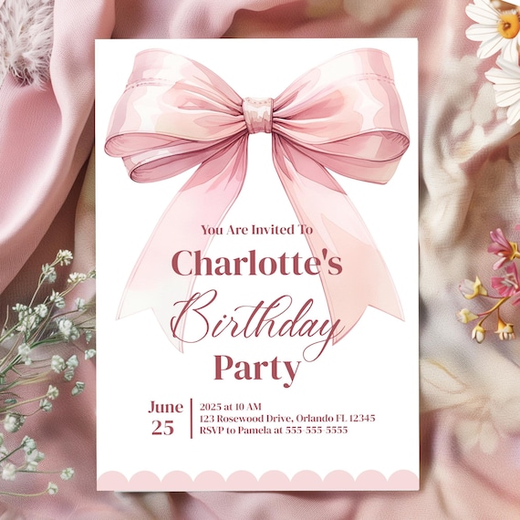Pink Bow Theme Birthday Invite Pink Bow Birthday Bow Invite Blush Pink Birthday Invite Coquette Birthday Invitation Girl Birthday Invite BB2