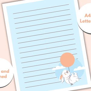 Papelería de conejitos, Imprimibles de papelería Kawaii, Papelería de animales imprimible para niños, Papel para escribir cartas para niños, Forrado, Sin forro