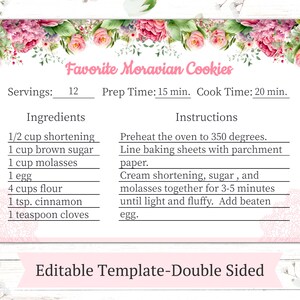 Modèle de carte de recette florale, carte de recette personnalisée, modèle de recette remplissable, cartes de recette mignonnes pour classeur, modèle de recette imprimable, numérique