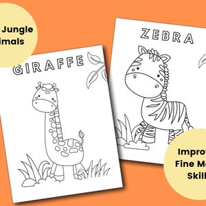 Pode incluir: P&aacute;ginas para colorir em preto e branco com uma girafa e uma zebra. O t&iacute;tulo "Cute Jungle Animals" est&aacute; no topo da p&aacute;gina. Os textos "Giraffe" e "Zebra" est&atilde;o acima de cada animal. O texto "Improves Fine Motor Skills" est&aacute; na parte inferior da p&aacute;gina.