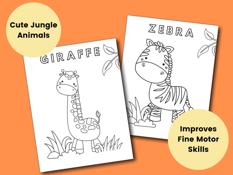 Pode incluir: P&aacute;ginas para colorir em preto e branco com uma girafa e uma zebra. O t&iacute;tulo "Cute Jungle Animals" est&aacute; no topo da p&aacute;gina. Os textos "Giraffe" e "Zebra" est&atilde;o acima de cada animal. O texto "Improves Fine Motor Skills" est&aacute; na parte inferior da p&aacute;gina.