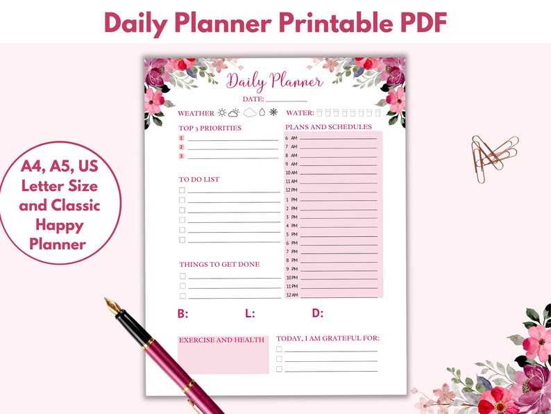 Planner Printable Hourly Floral Planner Printable Beautiful Etsy