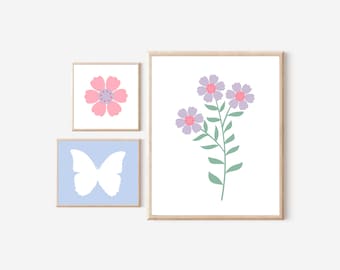 Danish Pastel Wall Art Set of 3 Trendy Prints Preppy Butterfly Wall Art Light Blue Pink Trio Wall Art Flowers Gallery Set Pastel Aesthetic
