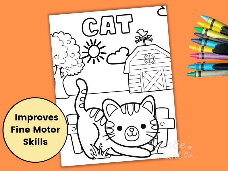 May include: Black and white coloring page featuring a cat sitting near a fence with a barn and apple tree in the background. The word "CAT" is written at the top of the page. The text "Improves Fine Motor Skills" is written in a yellow circle at the bottom left of the page.