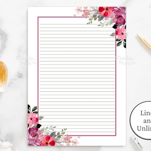 Lila und Rot Briefpapier, Florales Briefpapier, Florales Briefpapier, Florales Briefpapier, Florales leeres Papier, liniert