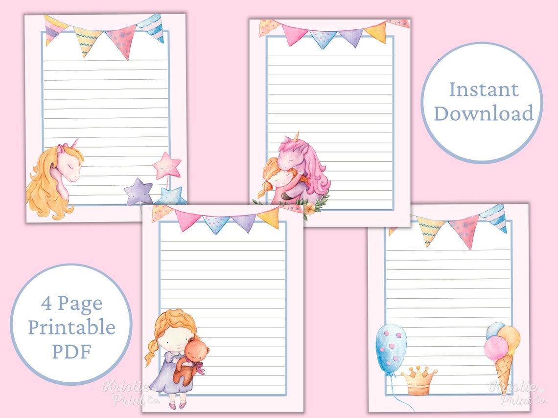 Little Girl Stationery, Unicorn Stationery, Pastel Stationery, Digital