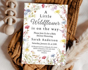 Invitación para baby shower con flores silvestres Invitación para baby shower con flores silvestres Plantilla de invitación A Little Wildflower is on the Way Baby Shower floral