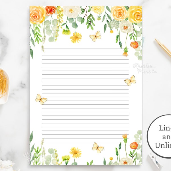 Yellow Floral Stationery, Floral Printable Stationery Paper,  Floral Blank Paper and Lined Paper, Border Stationery, Watercolor, Download