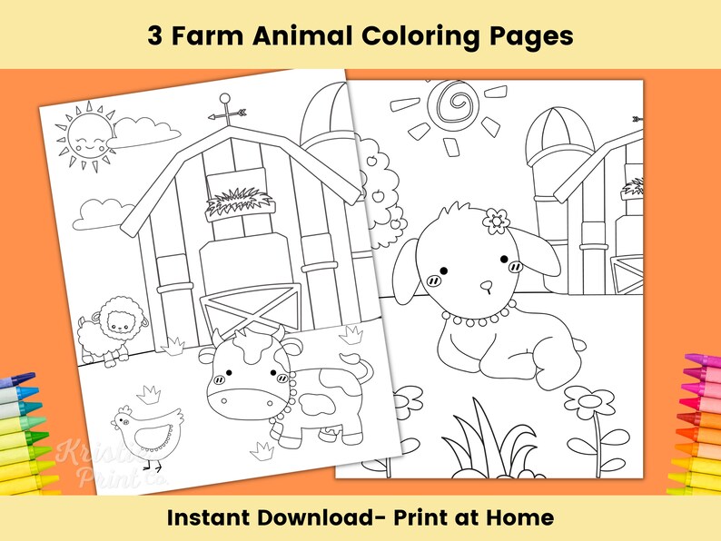 May include: Three black and white coloring pages featuring farm animals. The first page shows a cow, a sheep, and a chicken in front of a barn. The second page shows a dog in front of a silo. The third page shows a pig in front of a barn.