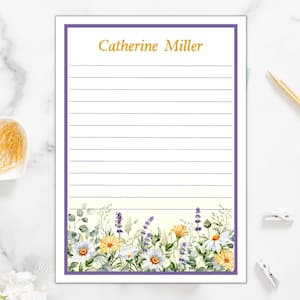 Druckbare Notizblock Notizblock Digitaler Download Benutzerdefiniertes Notizpapier Personalisierte Briefpapier Schreibwaren Name Wildblumen Gefüttert Papier Blumenpapier