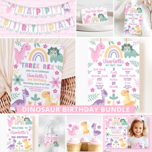 May include: A dinosaur-themed birthday party printable bundle in pink, green and yellow. The bundle includes a welcome sign, invitation, thank you card, water bottle label, cupcake toppers and a sign with the birthday girl's name and age. The invitation text reads "Three Rex, Join Us to Celebrate Charlotte's 3rd Birthday".