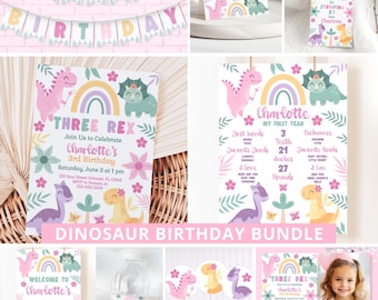 Girl Dinosaur Birthday Bundle Girl Dinosaur Party Decorations Dinosaur Invite Girl Dino Party Bundle Pink Dinosaur Party Three Rex DIN2