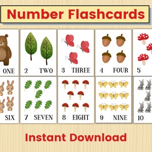 Cartões flash com números fofos, cartões flash com números para impressão 1-10, números de aprendizagem, jardim de infância, pré-escola, atividades em sala de aula em casa, PDF