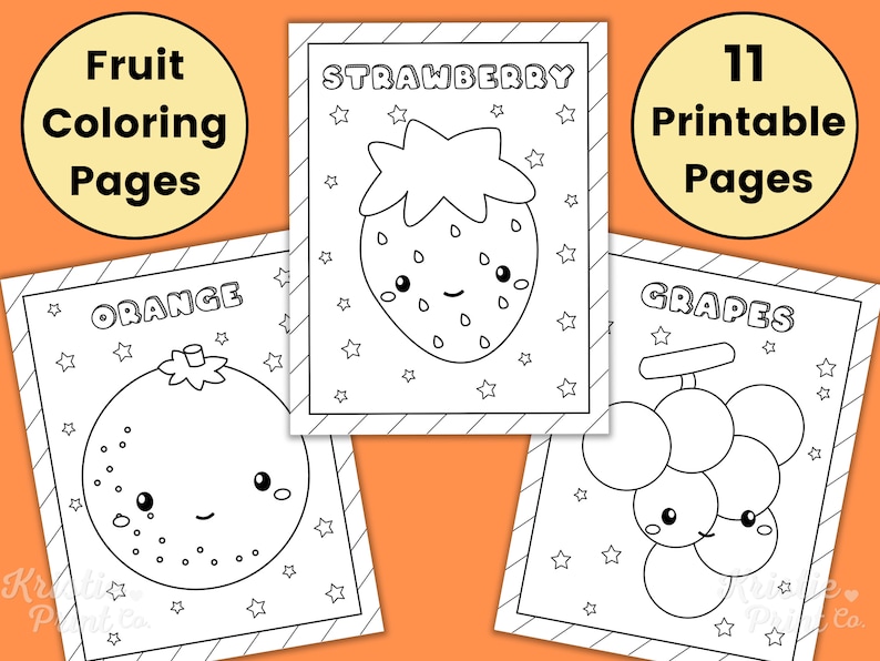 K&ouml;nnte beinhalten: Ein Set mit 11 druckbaren Malvorlagen mit niedlichen Cartoon-Fr&uuml;chten, darunter eine Orange, eine Erdbeere und Trauben. Jede Seite hat ein einfaches Design mit Sternen und dem Namen der Frucht.