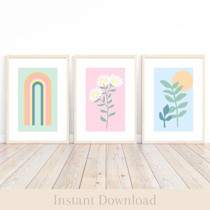 Aesthetic Bedroom Prints Set of 3 Floral Wall Art Boho Wall Decor Danish Pastel Wall Art Cute Artwork Posters Dorm Room Decor for Teen Girls