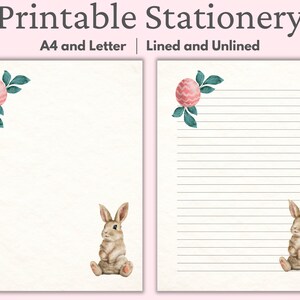 Pu&ograve; includere: Stazioneria stampabile con un uovo di Pasqua rosa con foglie verdi e un coniglio marrone. La stazioneria &egrave; disponibile nei formati A4 e Letter, e in opzioni con e senza righe.
