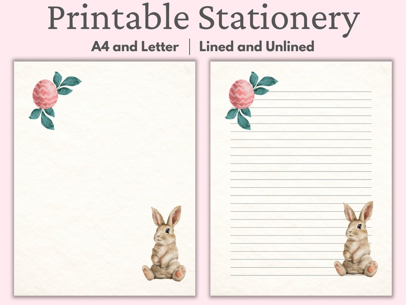 Pu&ograve; includere: Stazioneria stampabile con un uovo di Pasqua rosa con foglie verdi e un coniglio marrone. La stazioneria &egrave; disponibile nei formati A4 e Letter, e in opzioni con e senza righe.