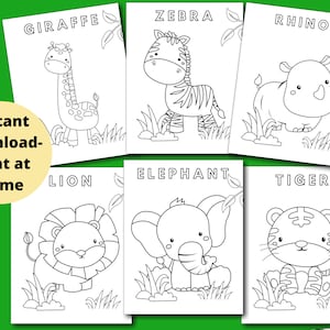 Pode incluir: P&aacute;ginas para colorir em preto e branco com v&aacute;rios animais, incluindo uma girafa, uma zebra, um rinoceronte, um le&atilde;o, um elefante e um tigre. Cada animal &eacute; retratado em um estilo de desenho animado com linhas e detalhes simples. As p&aacute;ginas s&atilde;o rotuladas com o nome do animal no topo.