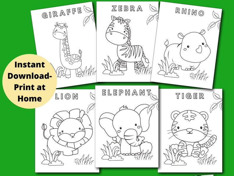 Pode incluir: P&aacute;ginas para colorir em preto e branco com v&aacute;rios animais, incluindo uma girafa, uma zebra, um rinoceronte, um le&atilde;o, um elefante e um tigre. Cada animal &eacute; retratado em um estilo de desenho animado com linhas e detalhes simples. As p&aacute;ginas s&atilde;o rotuladas com o nome do animal no topo.
