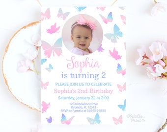 Butterfly Birthday Invitation With Pictures Pastel First Birthday Supplies Girl First Birthday Invite 2nd Birthday Photo Invitation BU1