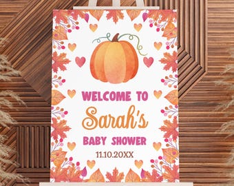 Letrero de bienvenida para baby shower con calabazas, póster de bienvenida para baby shower de otoño, decoraciones de calabazas para baby shower campestre de otoño, hojas PN5