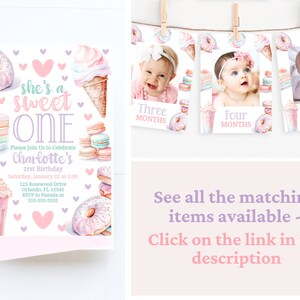 Puede incluir: Una invitaci&oacute;n de primer cumplea&ntilde;os rosa y morada con un tema dulce. La invitaci&oacute;n presenta una dona, un cono de helado, un pastel y macarons. El texto de la invitaci&oacute;n dice "She's a Sweet One" e incluye el nombre de la ni&ntilde;a, la fecha, la hora y la informaci&oacute;n de RSVP.
