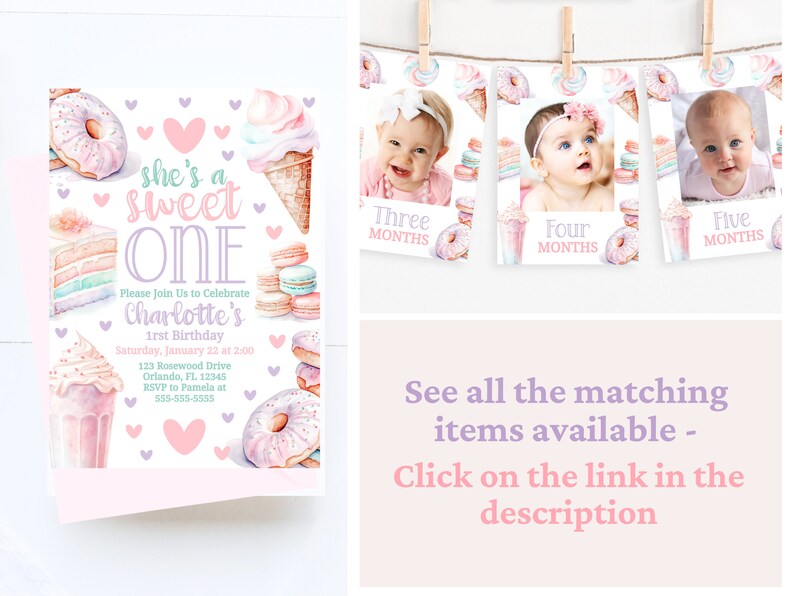 Puede incluir: Una invitaci&oacute;n de primer cumplea&ntilde;os rosa y morada con un tema dulce. La invitaci&oacute;n presenta una dona, un cono de helado, un pastel y macarons. El texto de la invitaci&oacute;n dice "She's a Sweet One" e incluye el nombre de la ni&ntilde;a, la fecha, la hora y la informaci&oacute;n de RSVP.