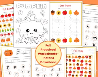 Fall Preschool Worksheets, Fall Preschool Printables, Fall Kids Activities, Autumn Preschool Bundle, Homeschool, Educational, Digital