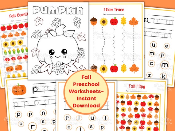 Fall Preschool Worksheets, Fall Preschool Printables, Fall Kids Activities, Autumn Preschool Bundle, Homeschool, Educational, Digital