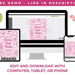 Puede incluir: Un dise&ntilde;o de invitaci&oacute;n rosa con tem&aacute;tica de rodeo, que se muestra en una computadora, tableta y tel&eacute;fono. La invitaci&oacute;n presenta botas de vaquero, una herradura y un sombrero de vaquero. El texto incluye "Saddle Up For Emma's First Rodeo".