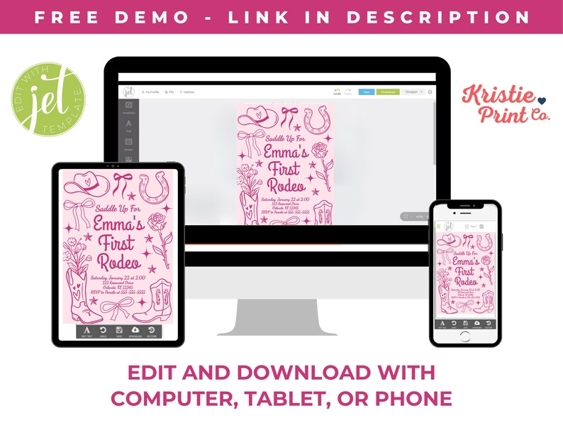 Puede incluir: Un dise&ntilde;o de invitaci&oacute;n rosa con tem&aacute;tica de rodeo, que se muestra en una computadora, tableta y tel&eacute;fono. La invitaci&oacute;n presenta botas de vaquero, una herradura y un sombrero de vaquero. El texto incluye "Saddle Up For Emma's First Rodeo".