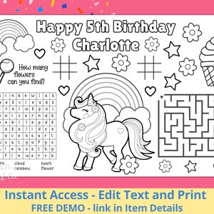 Editable Birthday Party Coloring Placemat, Unicorn Birthday, Unicorn ...