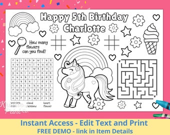 Editable Birthday Party Coloring Placemat, Unicorn Birthday, Unicorn Placemat, Coloring Mats, Unicorn Coloring Page, Happy Birthday Coloring