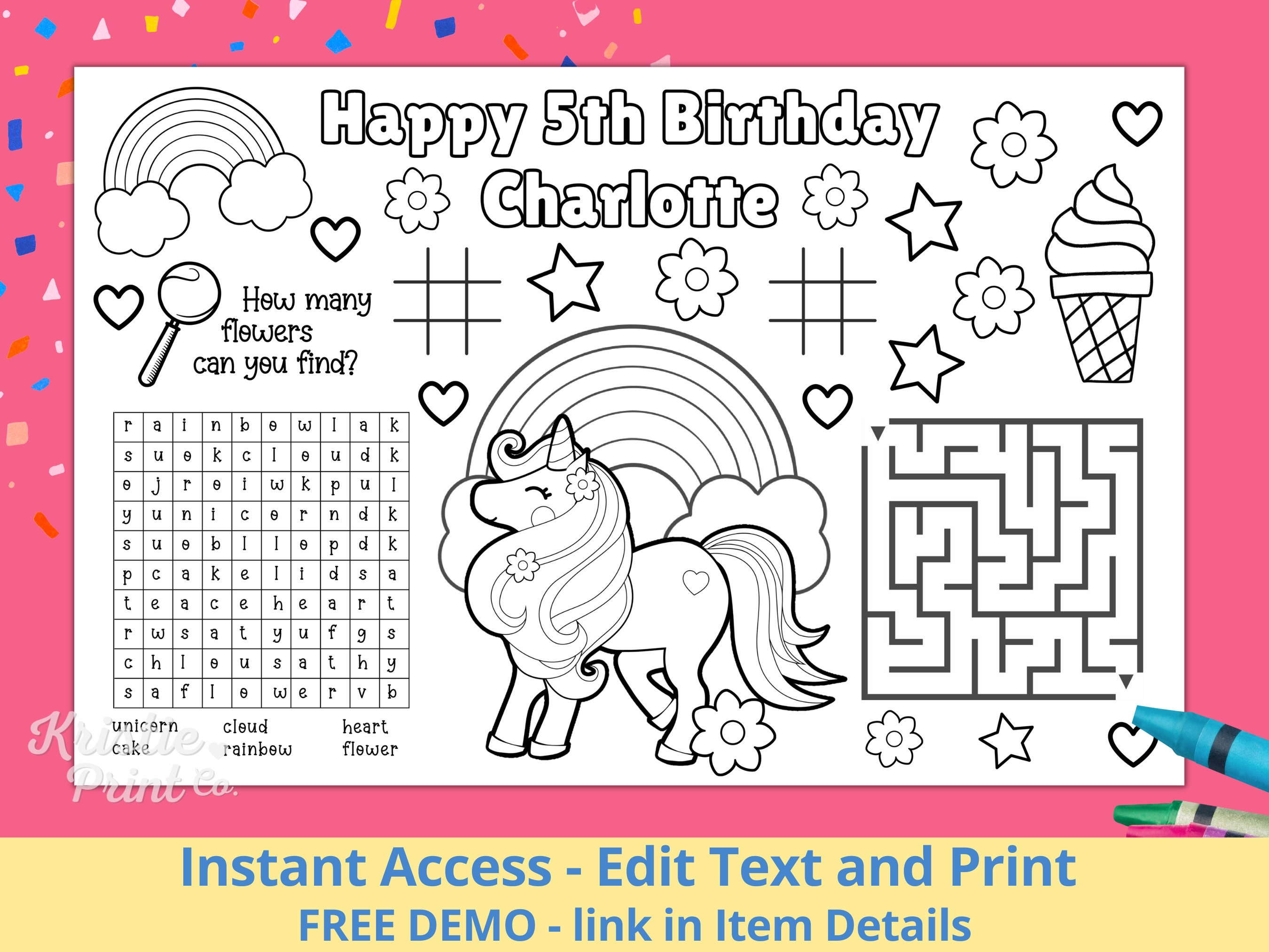 Editable Birthday Party Coloring Placemat, Unicorn Birthday, Unicorn ...