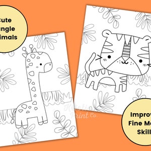 Peut inclure: Deux pages &agrave; colorier en noir et blanc avec des animaux de la jungle. L'une repr&eacute;sente une girafe, l'autre un tigre. Les pages sont entour&eacute;es de feuilles, avec le texte "Cute Jungle Animals" et "Improves Fine Motor Skills".