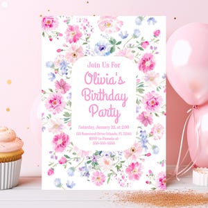 Pink Floral Birthday Invitation Shabby Chic Birthday Party Invitation Template Flower Birthday Party Invitation Cottagecore Pink Blue PF1