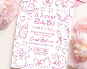Editable Pink Baby Shower Invitation Baby Girl is on the Way Invite Pink Toile de Jouy Baby Shower Invitation Template Chinoiserie Baby PC1