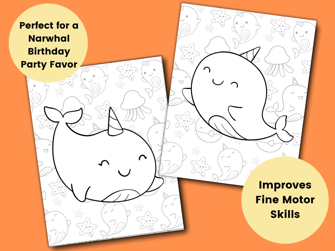 Narwhal Coloring Pages for Kids, Kids Party Games, Birthday Favor