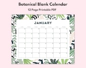 Botanical Calendar, Monthly Blank Calendar, Printable Calendar Template, Horizontal Printable Calendar Pages, PDF Printable, Download